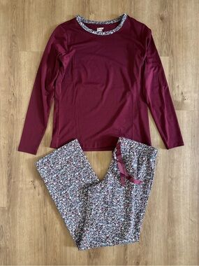 Lands' End Burgundy Long-Sleeve Top with Floral Print Pajama Pants